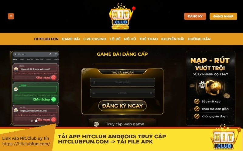 Tải App HitClub Android: Truy cập play-hitclubvn.top -> Tải file APK -> Mở quyền "Nguồn không xác định" -> Cài đặt & Chiến ngay!
